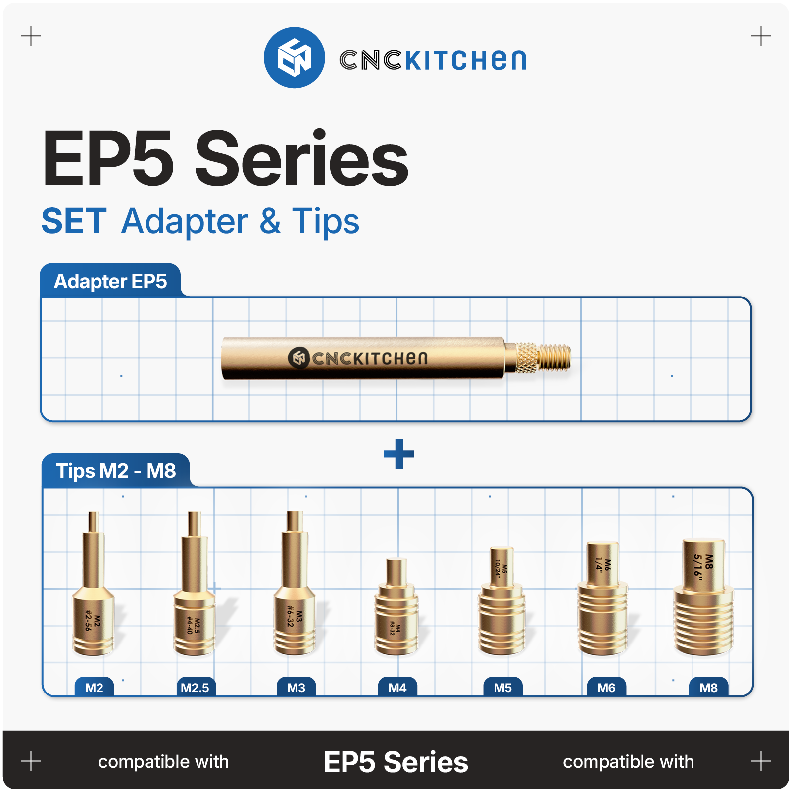 CNC Kitchen Installation Tips SET til EP 5 – adapter og spidser M2-M8 til heat set inserts